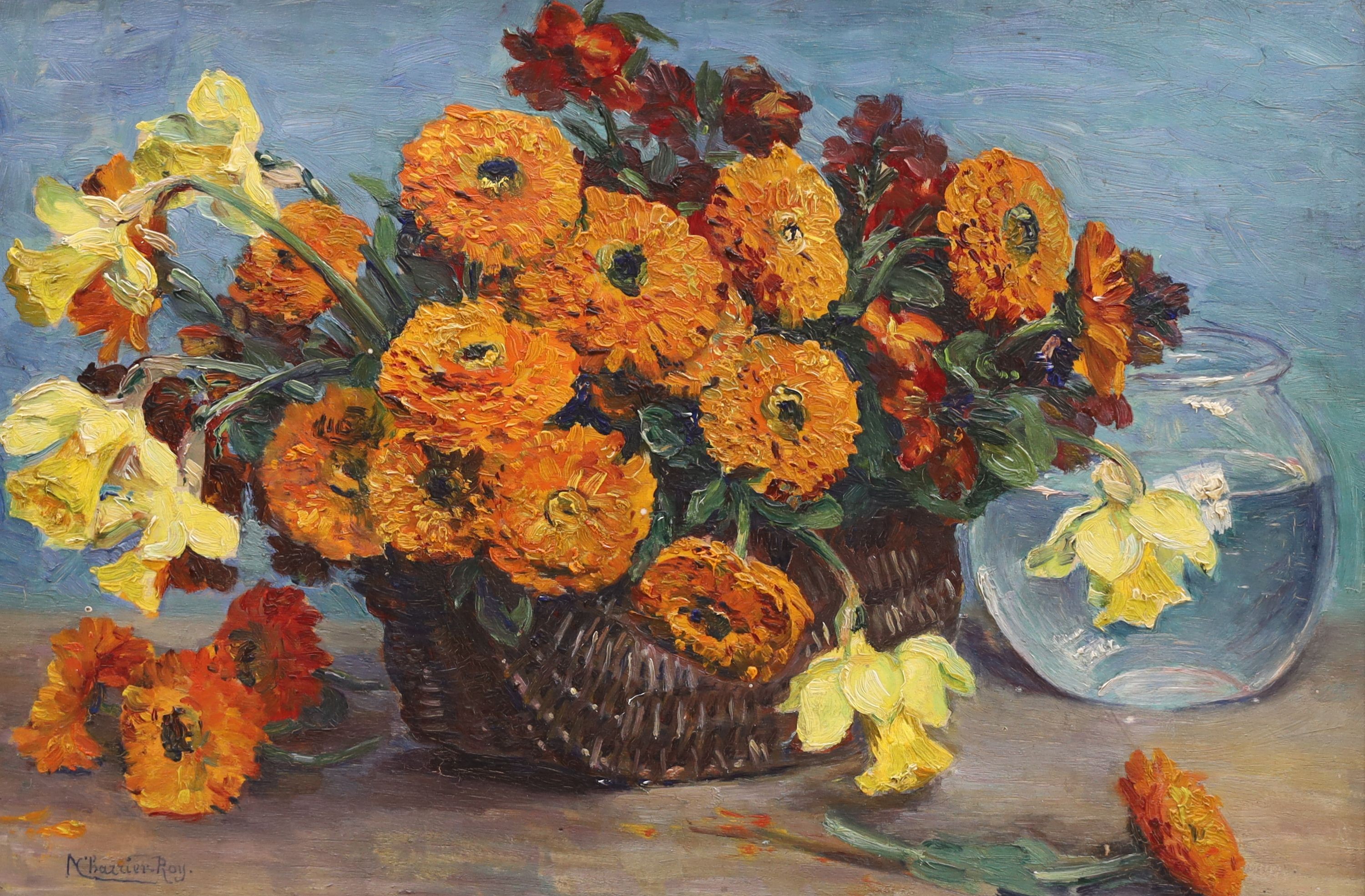 Marguerite Charrier-Roy (French 1870-1964), oil on panel, Still life of Marigolds and Daffodils in a basket, signed, 37 x 53cm